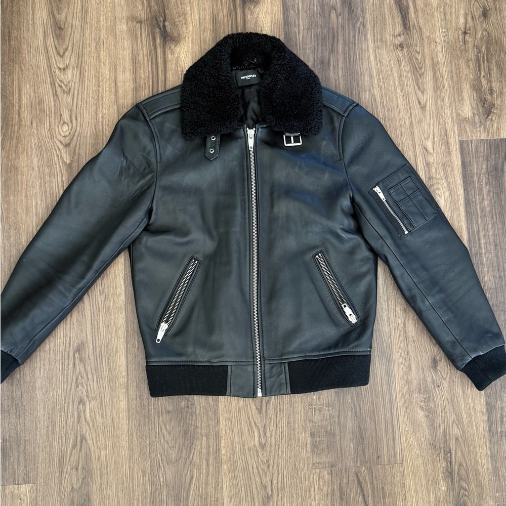 The Kooples Black Bomber Jacket with Fur Collar
